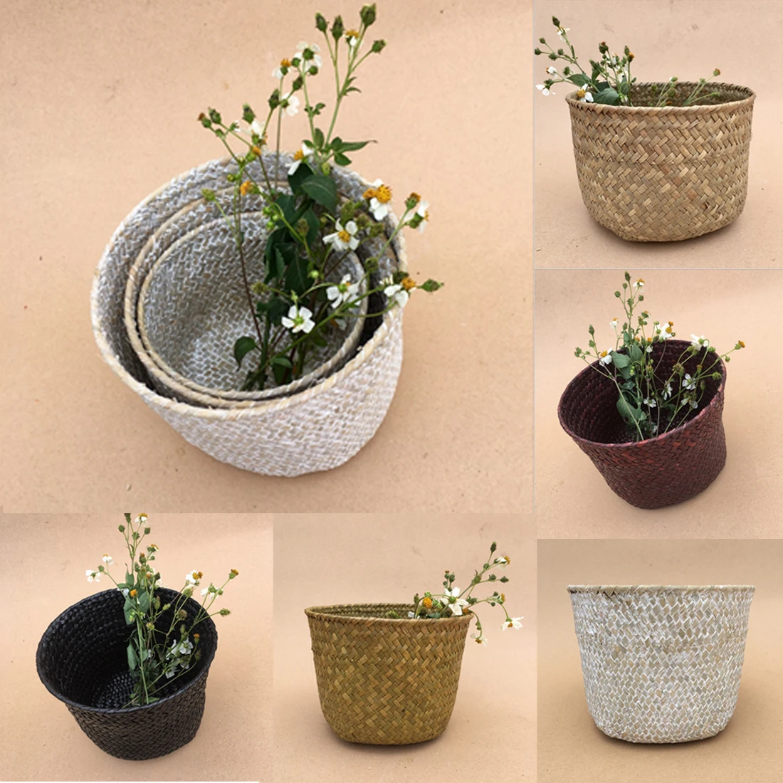 

S/M/L Handmade Bamboo Storage Baskets Foldable Laundry Straw Patchwork Wicker Rattan Belly Garden Flower Pot Planter Basket