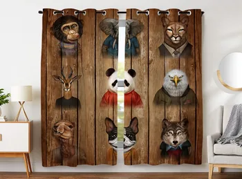 

HommomH Curtains (2 Panel) Grommet Top Darkening Blackout Room Funny Animal Sir Monkey Panda Deer Elephant Dog Woodgrain Design