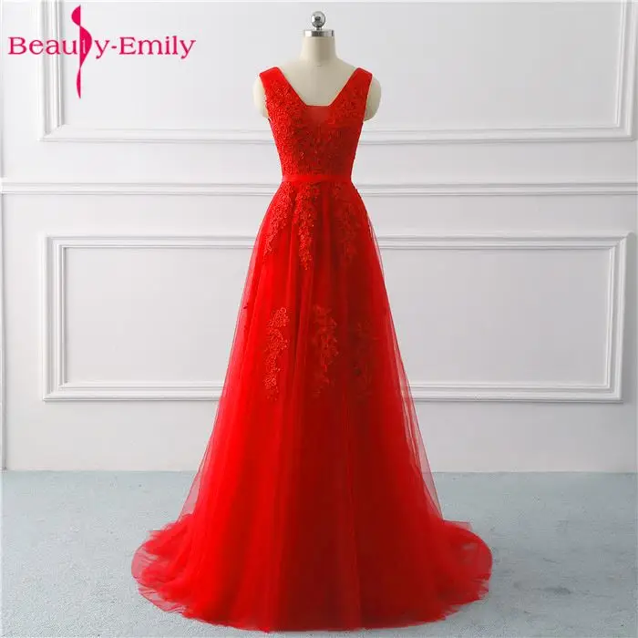 Beauty Emily, кружевные аппликации, v-образный вырез, длинные вечерние платья,, для невесты, сексуальные, без рукавов, для формальной вечеринки, выпускного вечера, платья на заказ - Цвет: Красный