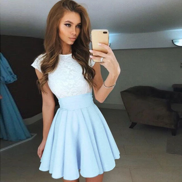 Summer Women Short Sleeve Lace Patchwork Sport Pleated Dress Sportwear Bodycon