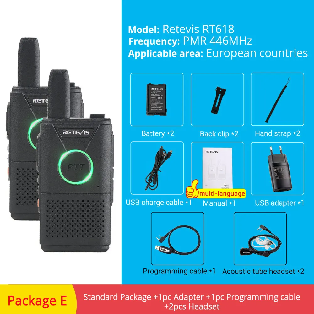 RETEVIS RT618/RT18 PMR радио перезаряжаемая мини рация 2 шт. PMR446 PMR 446 FRS Dual PTT VOX двухсторонняя рация - Цвет: PMR RT618-Package E