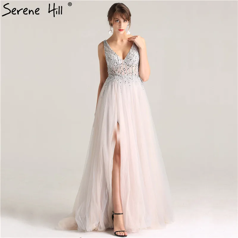 

Sexy Deep V-neck Crystal Beaded Long Evening Dresses 2019 New Fashionable Front Split Backless Prom Dress Party BLA6223