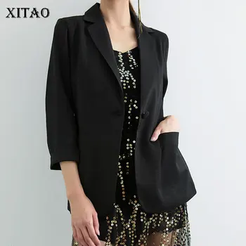 

XITAO Simple Linen Long Sleeve Thin Blazer Women Fashion Pocket Notched Collar Single Breasted Autumn Coat Top New GCC1001