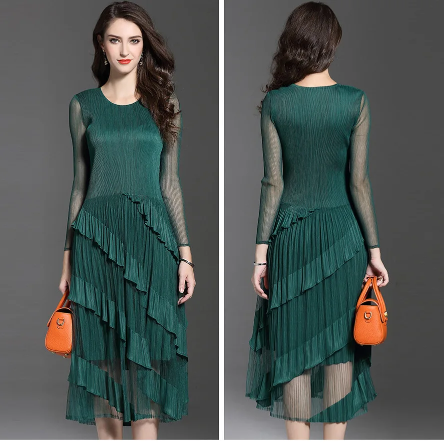 

BONJEAN chiffon dress 2019 spring and summer models large size solid color long-sleeved ruffled Vestidos pleated party women's