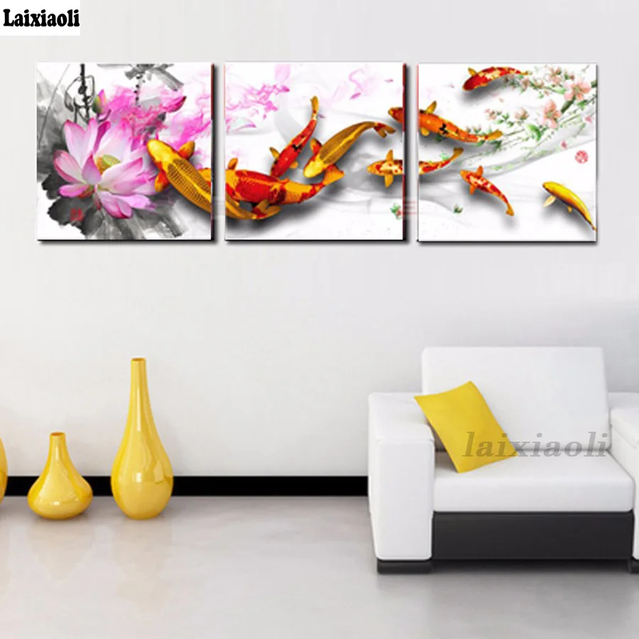 

Koi pattern Diamond Painting Lotus goldfish Blessing Fish DIY 3D Diamond Embroidery Cross Stitch Mosaic Picture by Numbers 3 pcs