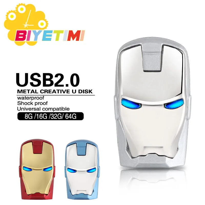 Biyetimi карту флэш-памяти с интерфейсом usb 8 Гб оперативной памяти, 16 Гб встроенной памяти, 64 ГБ usb 2,0 Флеш накопитель в мультипликационном стиле («Железный человек флеш-накопитель 32 Гб U диск высокого Скорость USB Стик - изображение