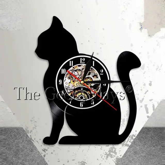 sitting cat silhouette wall clock cat vinyl record clock unique cat