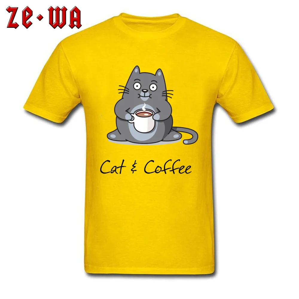 Cat and Coffee Tshirts Short Sleeve Casual Company Men VALENTINE DAY T Shirt Casual Tops T Shirt O-Neck 100% Cotton Cat and Coffee yellow