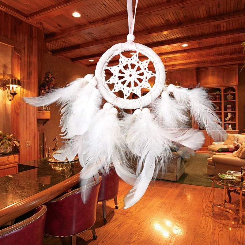 New White Feather Beads Dream Catcher Wall Hanging Car Room Decor Ornament