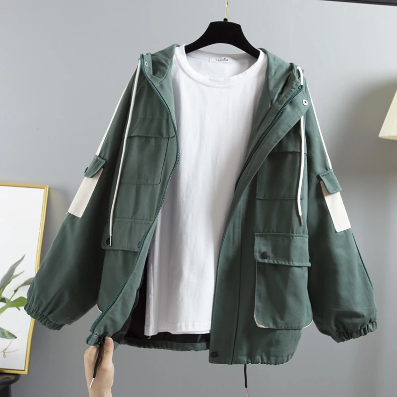 lower price Spring Autumn Outerwear Coat Women Long Sleeve Casual Patchwork Oversize Loose Zipper Windbreaker F