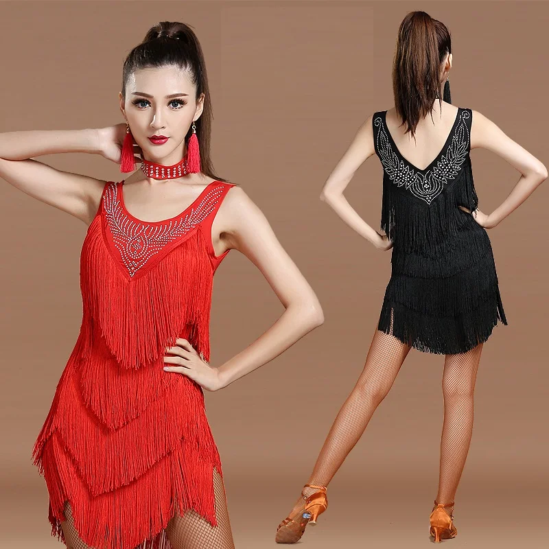 

latin dance women dancing red ballroom salsa fringe sequin adult costume tango skirts with fringe competition salsa sequin dress