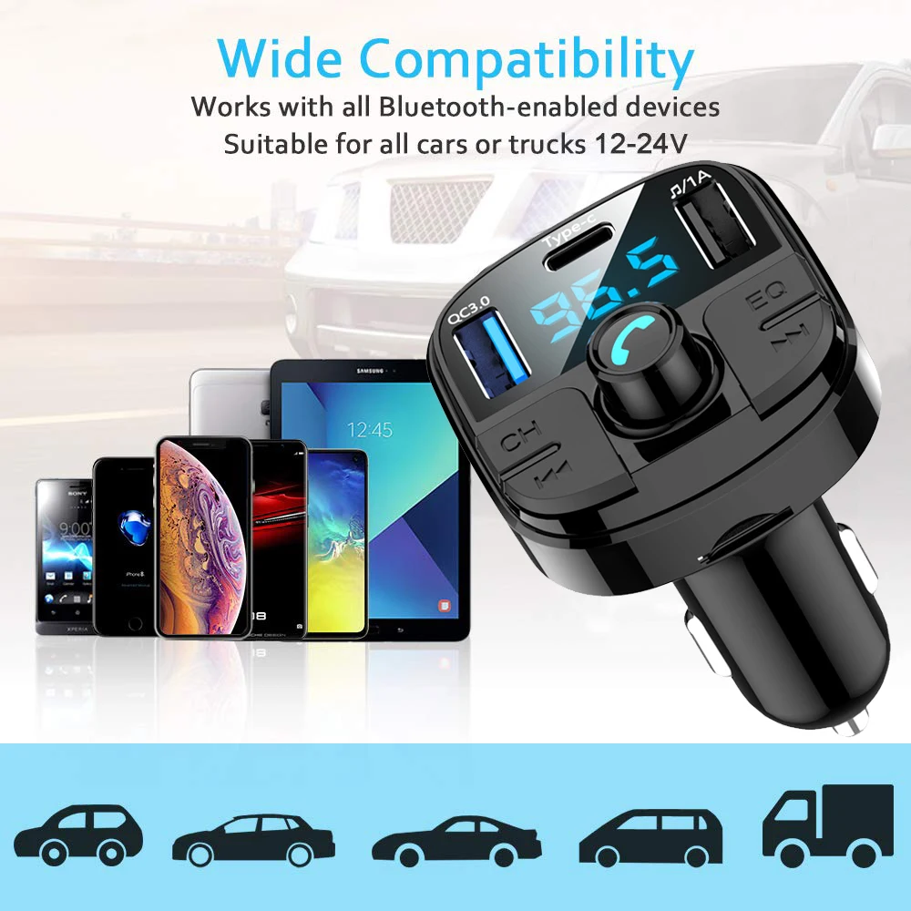 JINSERTA Latest Bluetooth 5.0 Car FM Transimtter QC3.0 Quick Charger Type-c FM Modulator TF USB Pendrive Music Car MP3 Player