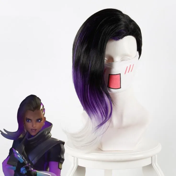 

Hot Sale Overwatch Sombra Cosplay Wig 45cm Curly Synthetic Hair Black Gradient Purple White High Quality Game Costume Party Wig