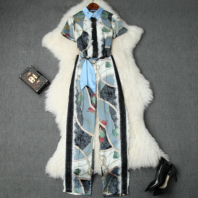 

Pant Suits Office Girls 2019 New Spring Summer Turn Down Collar Short Sleeves Printed Patchwork Lace Slim Shirt + Straight Pants