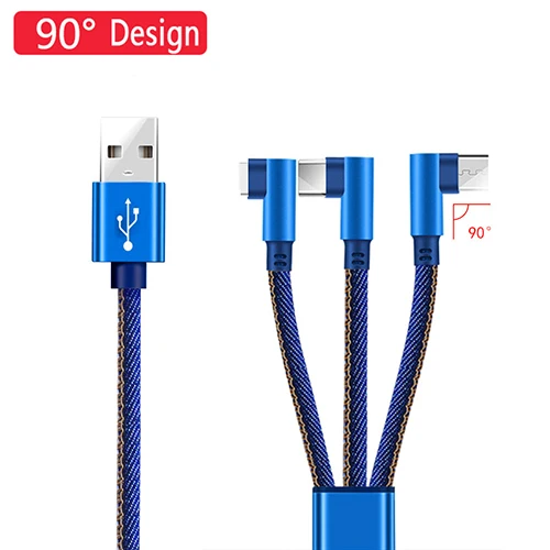 3 в 1 Micro usb type C кабель для быстрой зарядки Мульти Usb порт несколько зарядный кабель Usbc телефонные кабели для samsung Note10 Redmi 8 8A - Цвет: 90 degree Blue 3in1