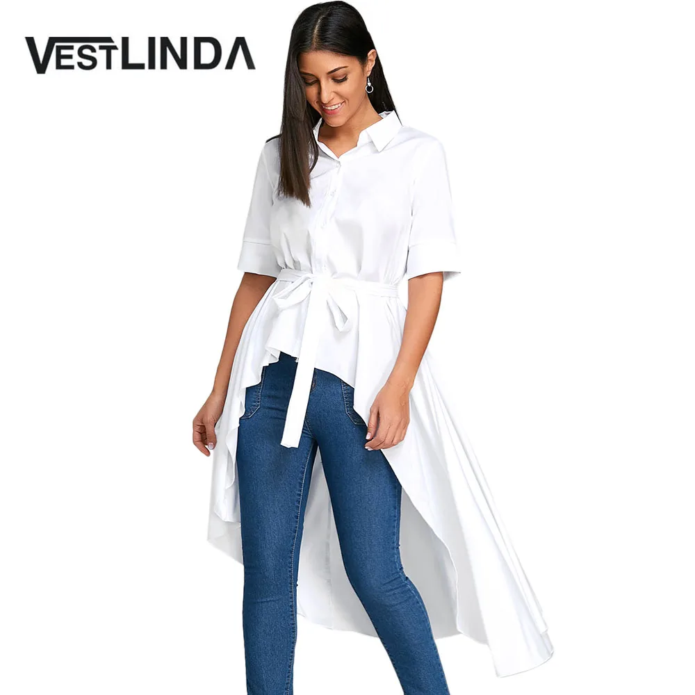 VESTLINDA Casual White Dresses Women Fashion Asymmetric Shirt Collar Short Sleeves Shirt Dress With Belt Womens
