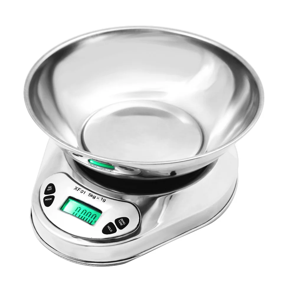 

5kg/1gDigital Kitchen Scale Stainless Steel Food Libra Weight Sensor LCD Electronic Kitchen Scales Alarm Timer Weight with Bowl