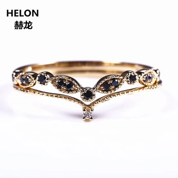 

Two Rings Solid 14k Yellow Gold White Black Natural Diamond Engagement Wedding Ring Set Women Band V Shape Thin Cute Romantic