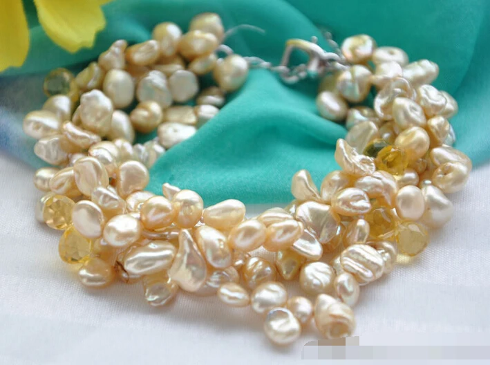 

09361 4strands drip yellow crystal lamina champagne freshwater pearl bracelet