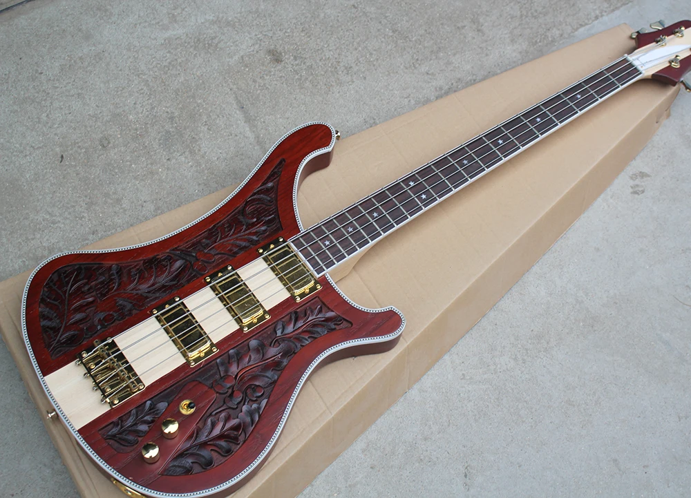 

Red-brown Electric Bass Guitar with Engraving Pattern,4 Pickups,4 Strings,20 Frets,Gold Hardwares,offering customized services