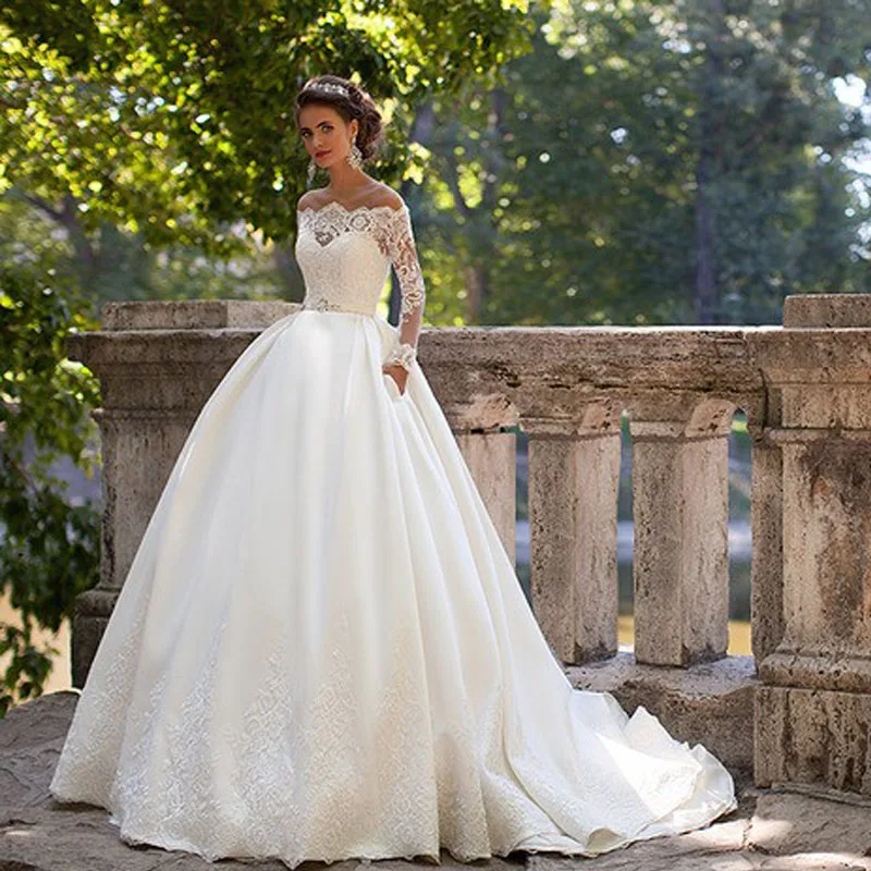 

Vestido Novia Off The Shoulder Ball Gown Wedding Dress Full Sleeves Vintage Plus Size Lace Bridal Dresses