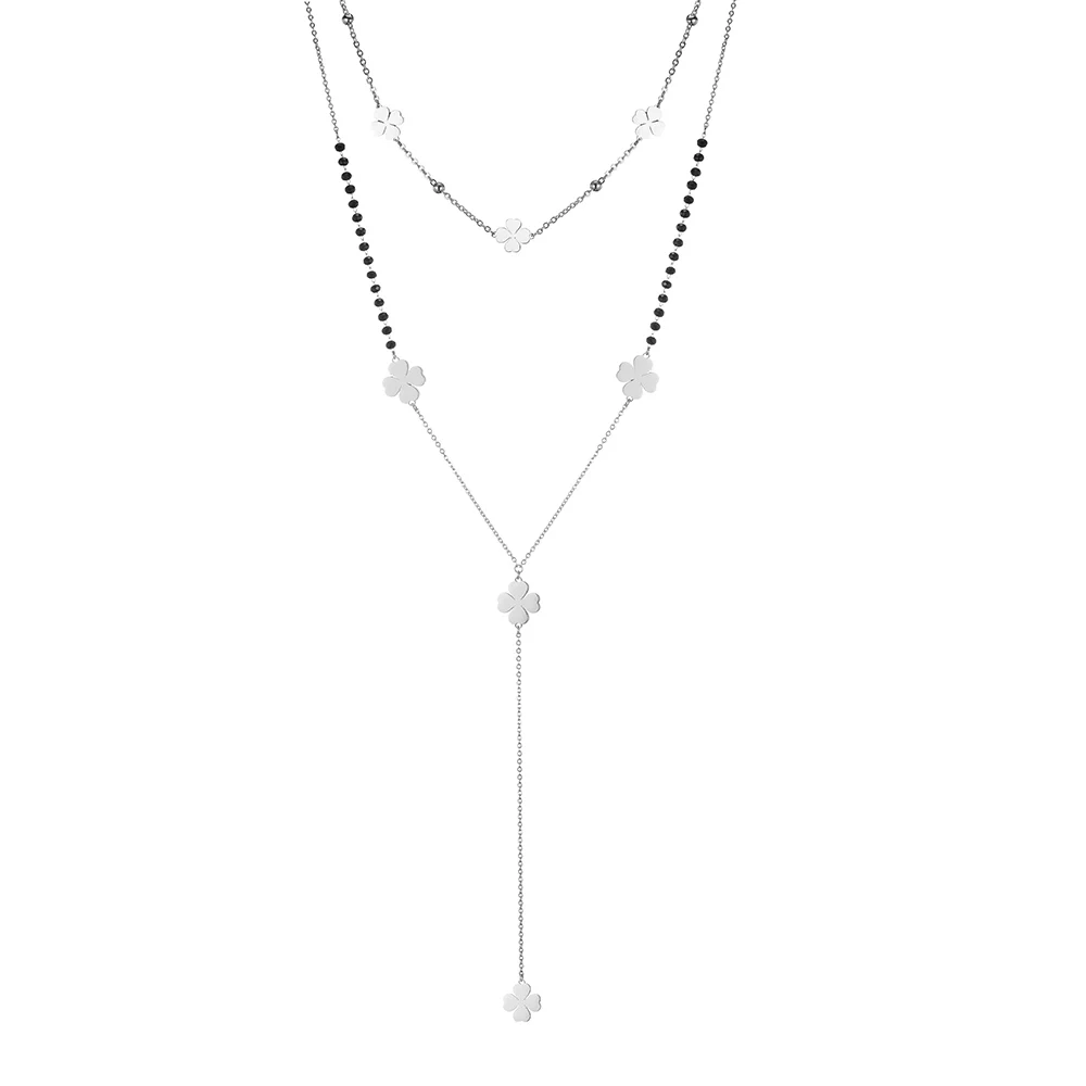 

Stainless Steel Double Layer Long Chain Necklace For Women Small Four Leaf Clover Choker Long Necklace Party Trendy Jewelry 2019