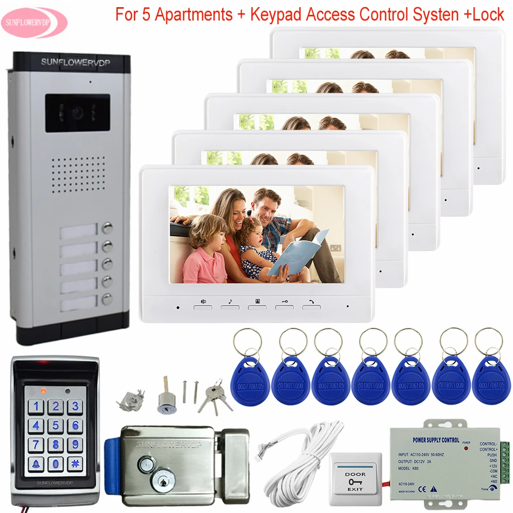 7inchs Video Surveillance With intercom Keypad Access Control Intercom For 5 Apartments Video Intercom 5 Monitors+Electric Lock