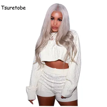 

Tsuretobe Winter Two Piece Set Wool Knitting Fashion Casual Elegant Short Jumpsuit Long Sleeve Bodycon 2 Piece Set Tracksuit