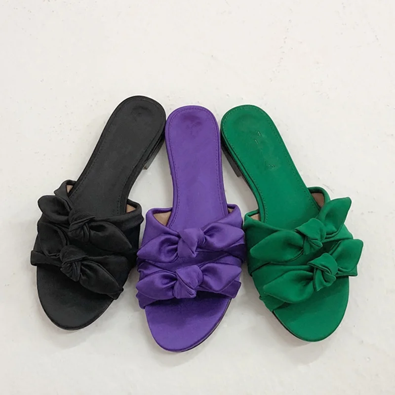 

2018 Woman Slides Bow Tie Decor Fashion Woman Shoes Brand Runway Super Star Shoes Open Toe Woman Slipper Low Heel Summer Shoes