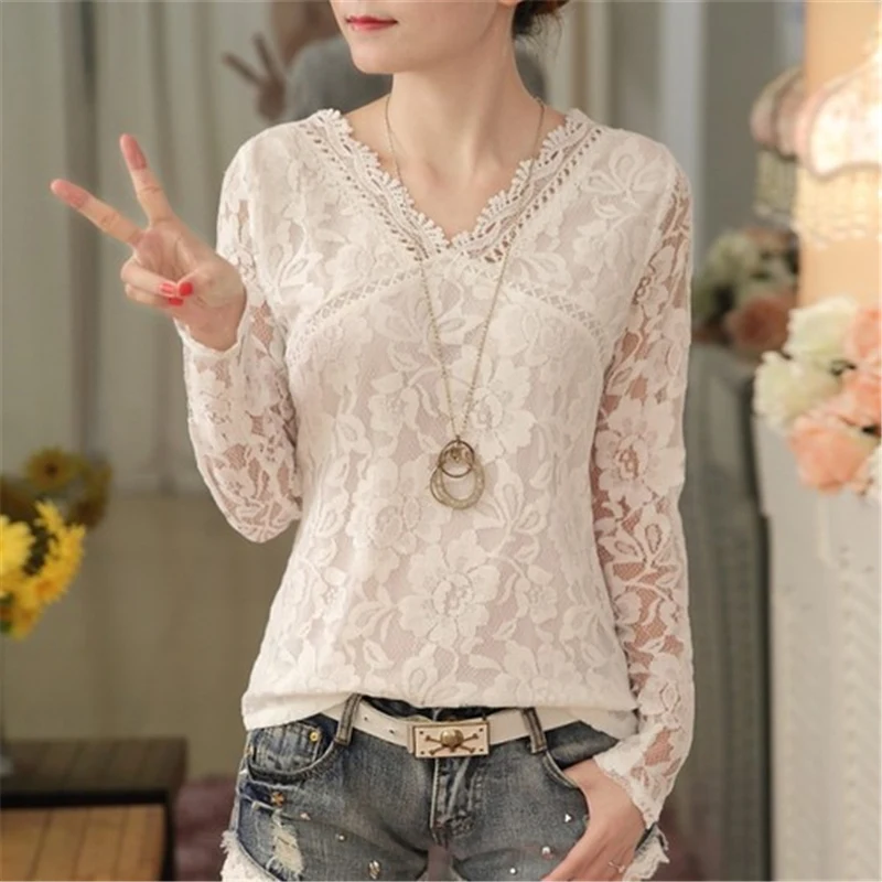 

Lace Shirt Tops Womens Blouses White New Fashion V-neck Woman Shirt Sexy Hollow Out Long Sleeve Chic Slim Fit Ladies Tops