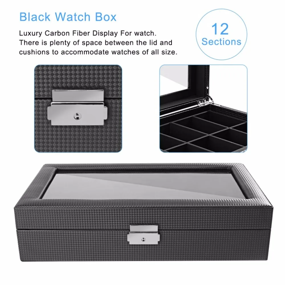 Высококачественный 12 слотов из углеродного волокна Дизайн ювелирных изделий дисплей упаковка-органайзер коробка для часов контейнер для хранения с держателем дисплея черный