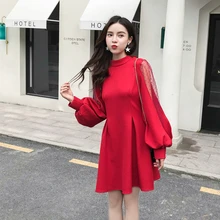 Осеннее женское платье с рукавами-фонариками в стиле пэчворк+ платья красного, черного цвета 3388
