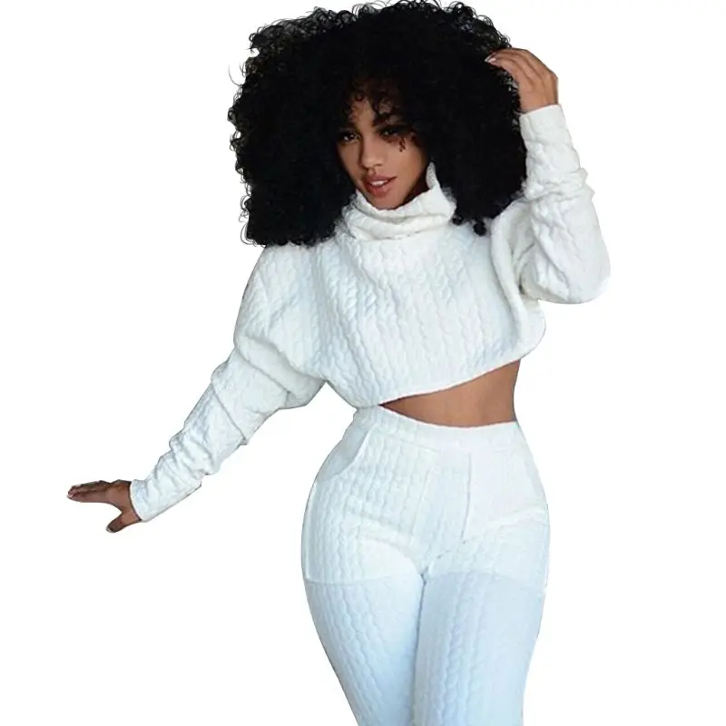 

Women Winter 2 Pieces Cable Knit Crop Tops Tight Pants Set Long Sleeve Turtleneck Sweater Solid Color Bodycon High Waist Trouse