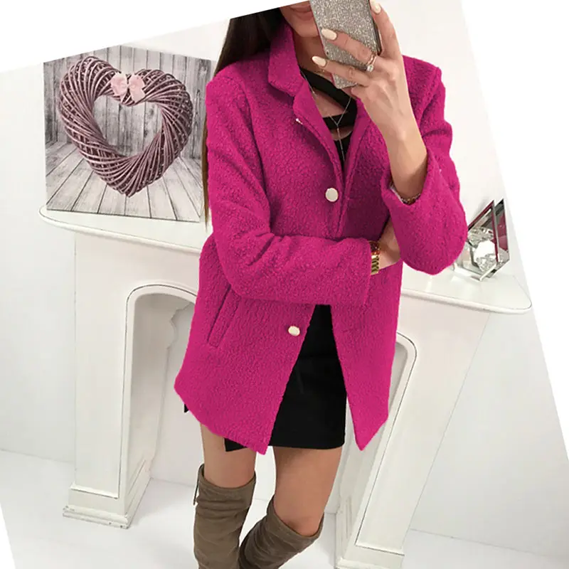 Women Winter Woolen Coat Autumn Casual Solid Color Long Sleeve Pocket Single-Breasted Suit Collar Pink Long Coat Abrigos Fashion (17)