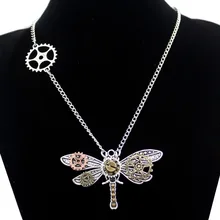 Retro Dragonfly Art Nouveau Deco Watch Clock Hand Gear Cog Steampunk Choker Statement Necklace Jewerly