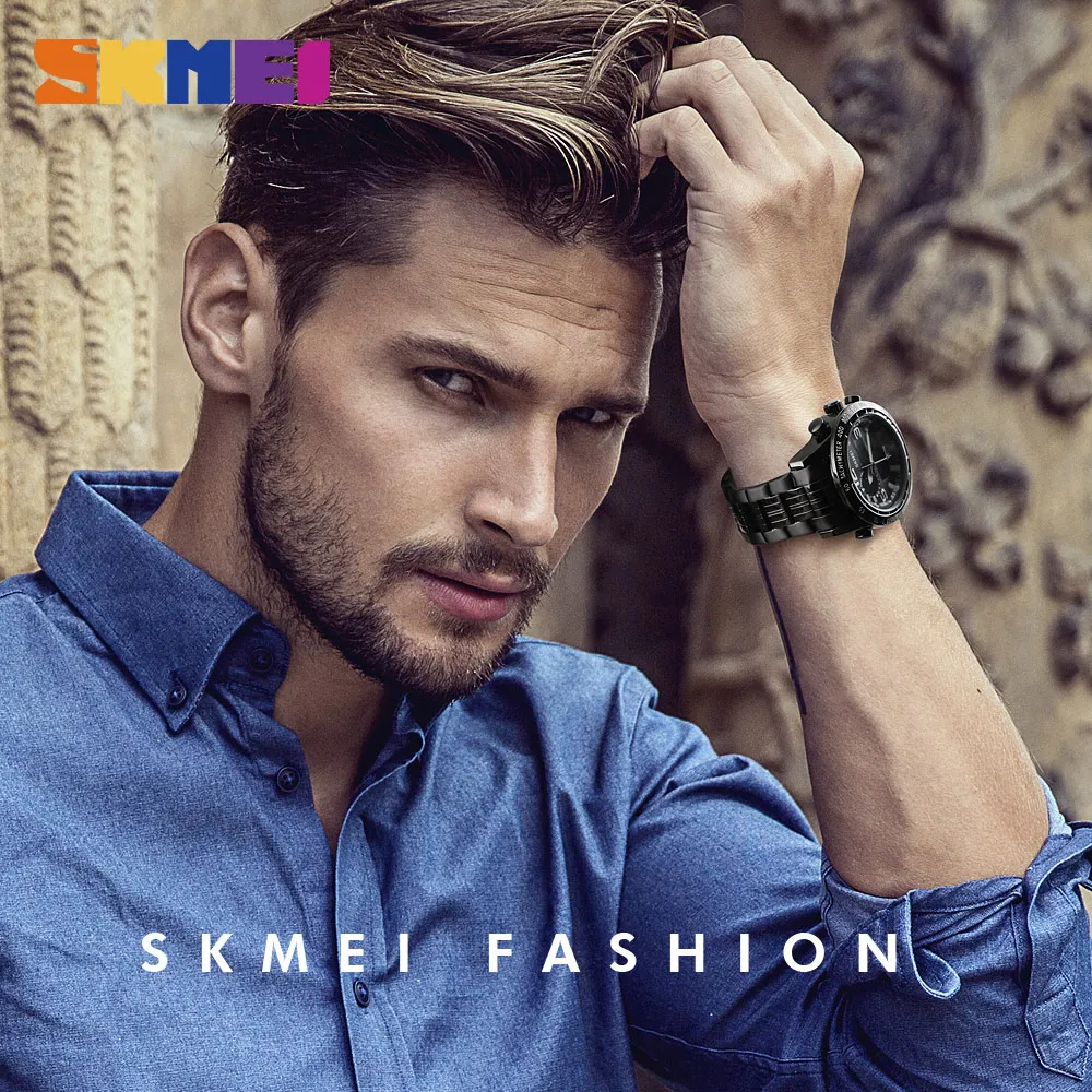 SKMEI Luxury Brand Watch Men Military Quartz Watches Steel Strap Waterproof Dual Display WristWatch
