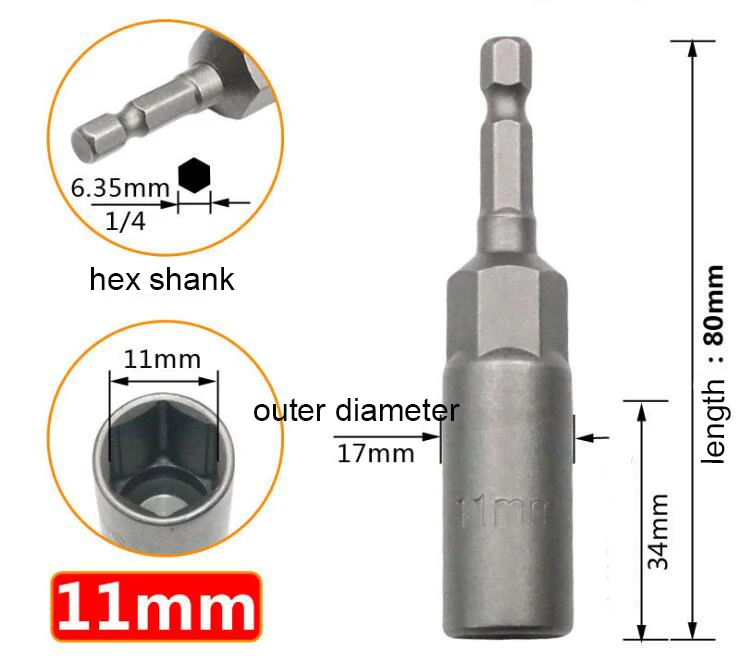 1 шт. 5,5 мм-19 мм Экстра глубокий Болт Гайка Набор бит 1/4 дюймов 6,35 мм шестигранный хвостовик ударная гайка переходника наборы для электроинструмента - Цвет: 11mm