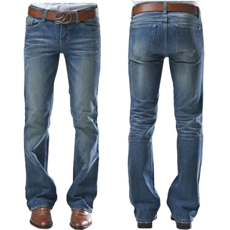 

2019 Light Blue Flared Men's Bell Bottom Denim Male Plus Size Jeans Pants Mid Waist
