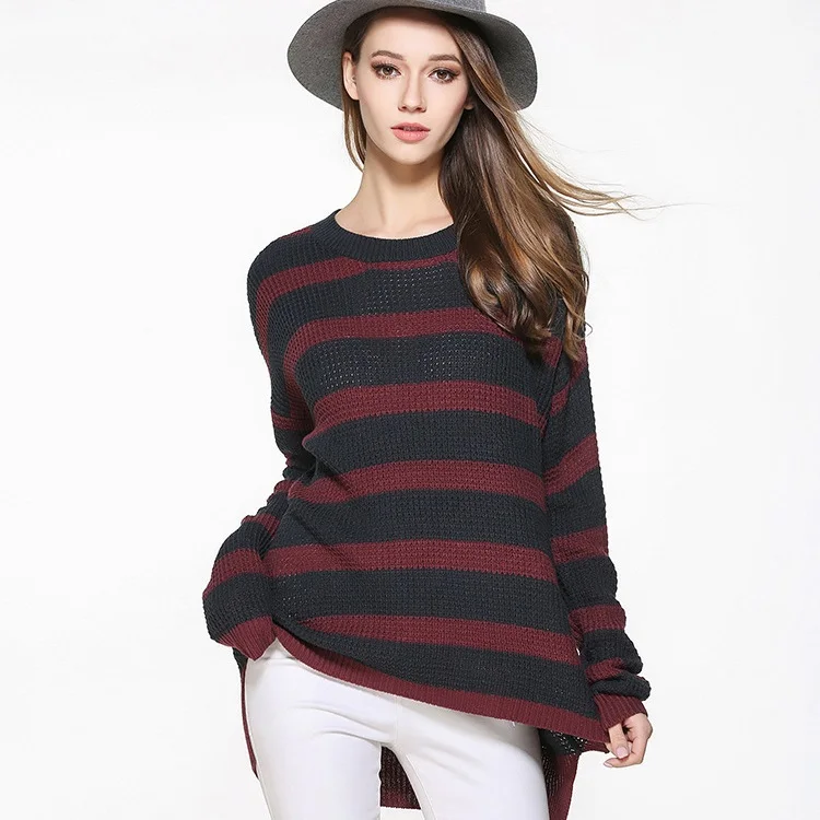 2017 New Fashion Women Knitted Sweaters Pathwork Long Sleeve O-neck Pullovers Casual Loose Pullovers Striped Long
