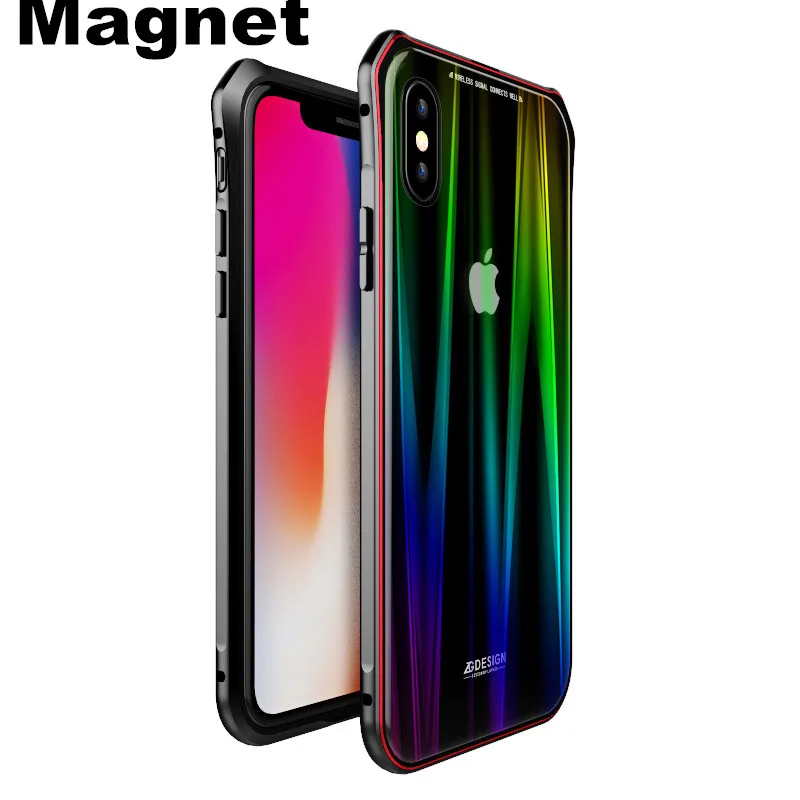 Fashion Aurora Laser Glitter Glass Case For iPhone X Magnetic Back Cover 7 8 Plus Aluminum Bumper | Мобильные телефоны и