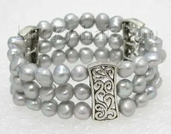 

stretchy! 3row 8-9mm Gray Baroque pearls bracelet springy
