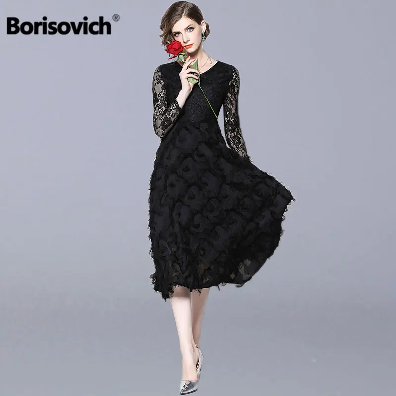 

Borisovich Luxury Black Lace Ladies Party Dress New 2018 Autumn Fashion V-neck Elegant A-line Women Casual Long Dresses N388