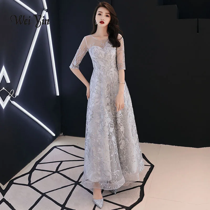 

weiyin New 2019 Evening Dress Elegant Banquet Grey Lace Half Sleeve Floor-length Long Party Formal Gown Robe De Soiree WY830