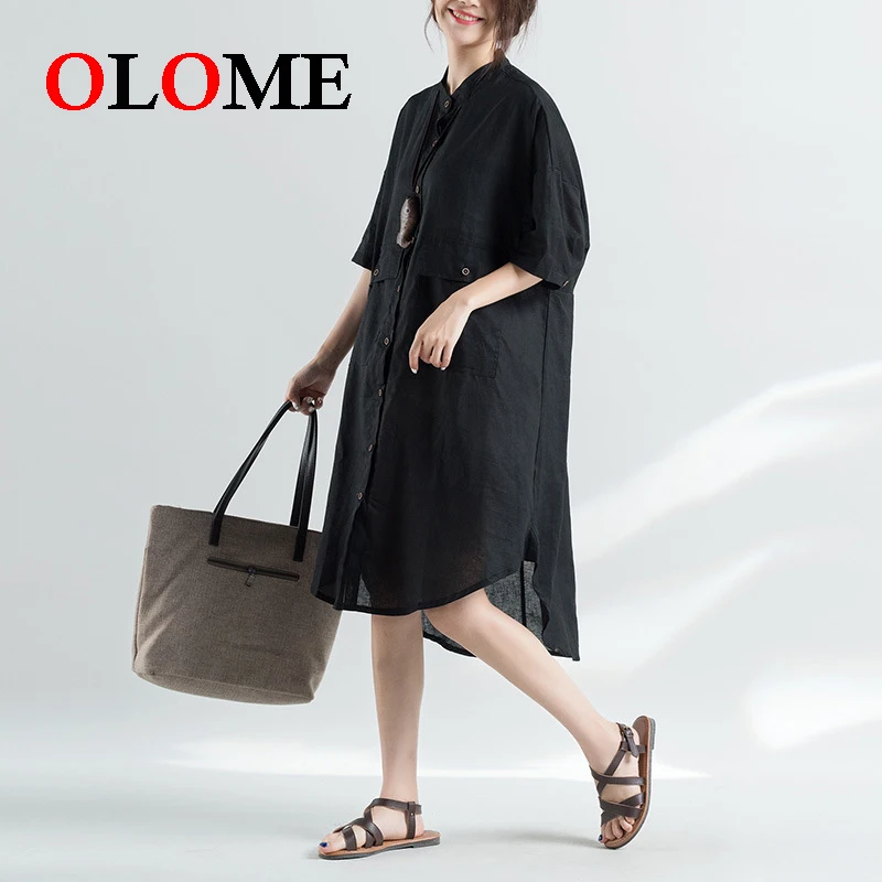 

Original artistic women's summer fat MM loose large size shirt skirt long cotton and linen large pocket short sleeve dress 309