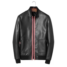 Модная мужская куртка из натуральной кожи, мужская куртка с воротником-стойкой, черная куртка из овечьей кожи, Красная белая линия, Decration