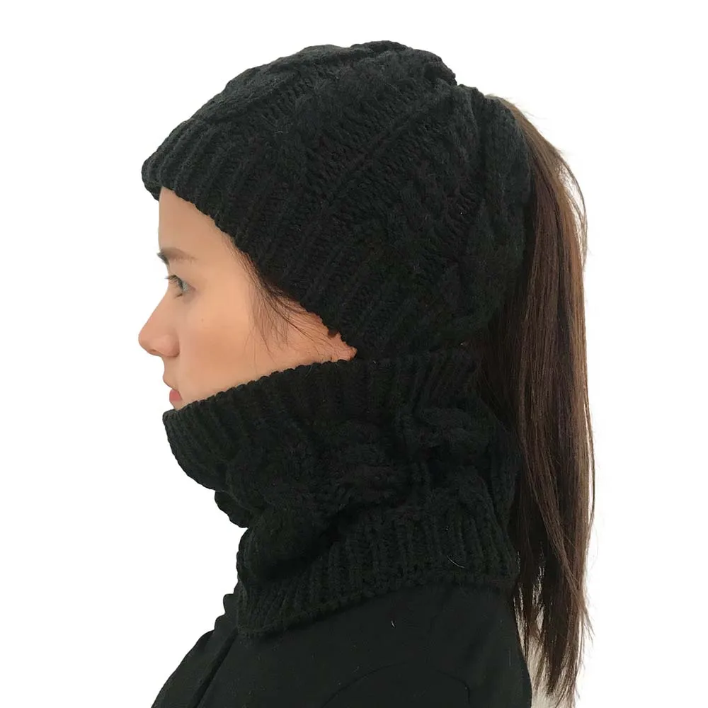 Модные женские теплые зимние шапочки, вязаная шапка и шарф, набор для женская шапка шапки 2 шт./компл - Цвет: Black