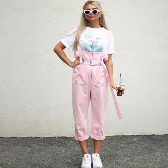 

Shoulder Strapes Zipper Pockets Wide Leg Pants Pink Solid Jumpsuit 2019 Autumn Winter New Arrivals Female Jumpsuit AE199