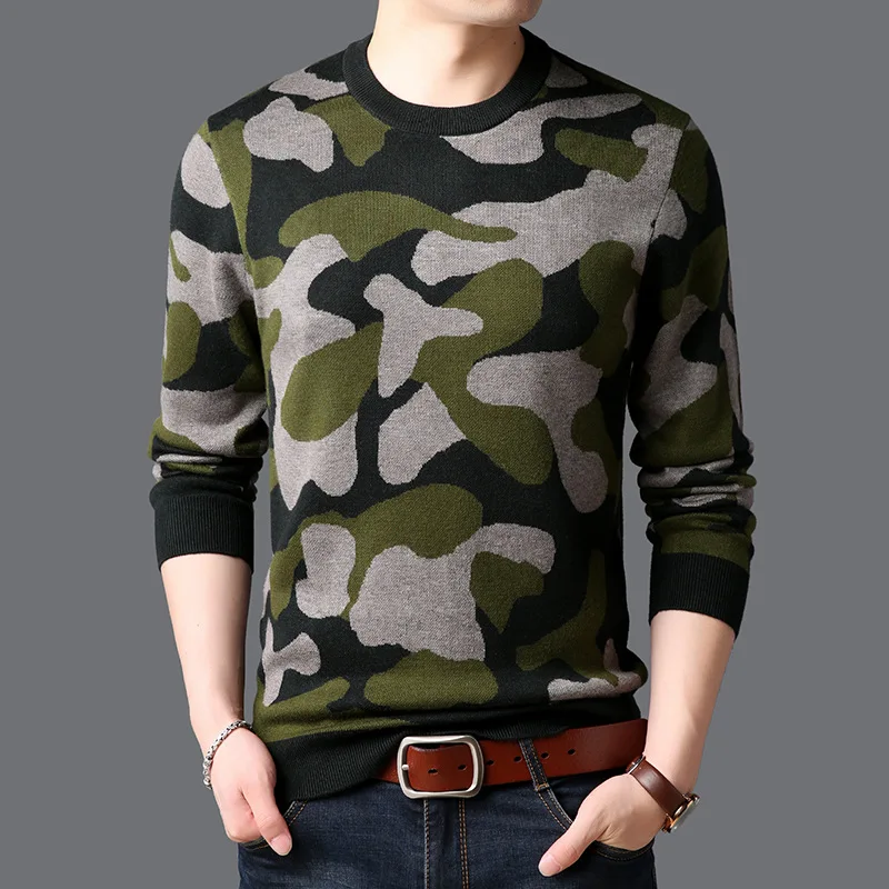 

ICPANS 2019 Winter Thick Warm Cashmere Woolen Pullovers Sweaters Sweater Men Camouflage Pattern O-Neck Pullover Men Clothes