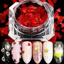 1 коробка блеск для ногтей Блестки Русалка AB Цвет Красное сердце форма Порошок пыль хлопья Лазерная блестка 3D сверкающий ломтик Декор JI678