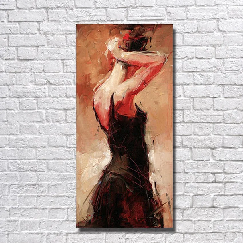 Beautiful Lady Picture Black Dress Women Wall Art Knife Oil Painting